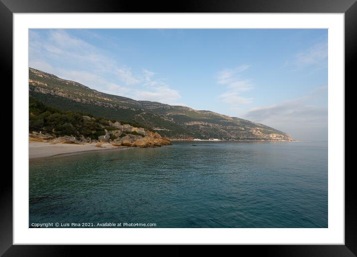 Paradise idylic Coelhos beach with turquoise water in Arrabida park, in Portugal Framed Mounted Print by Luis Pina