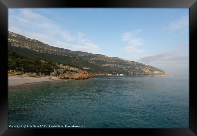 Paradise idylic Coelhos beach with turquoise water in Arrabida park, in Portugal Framed Print by Luis Pina
