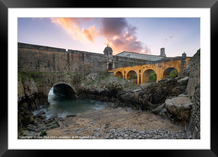 Peniche Fortress with beautiful historic bridge at sunset, in Portugal Framed Mounted Print by Luis Pina