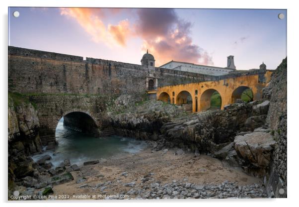 Peniche Fortress with beautiful historic bridge at sunset, in Portugal Acrylic by Luis Pina