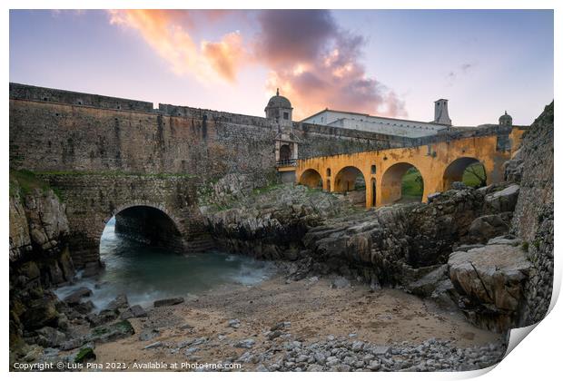 Peniche Fortress with beautiful historic bridge at sunset, in Portugal Print by Luis Pina