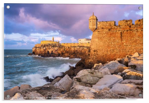 Peniche Fortress at sunset with beautiful golden light with sea waves crashing on the rocks, in Portugal Acrylic by Luis Pina