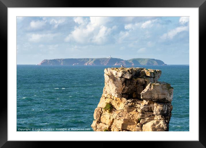 Peniche sea cliffs with Berlengas Island on the background with atlantic ocean, in Portugal Framed Mounted Print by Luis Pina