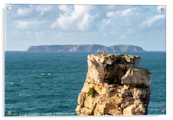 Peniche sea cliffs with Berlengas Island on the background with atlantic ocean, in Portugal Acrylic by Luis Pina