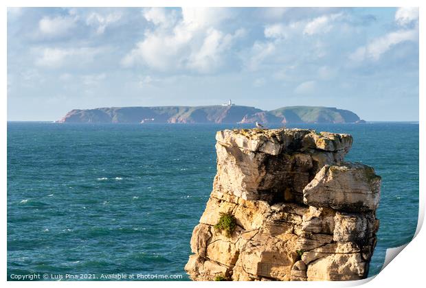 Peniche sea cliffs with Berlengas Island on the background with atlantic ocean, in Portugal Print by Luis Pina