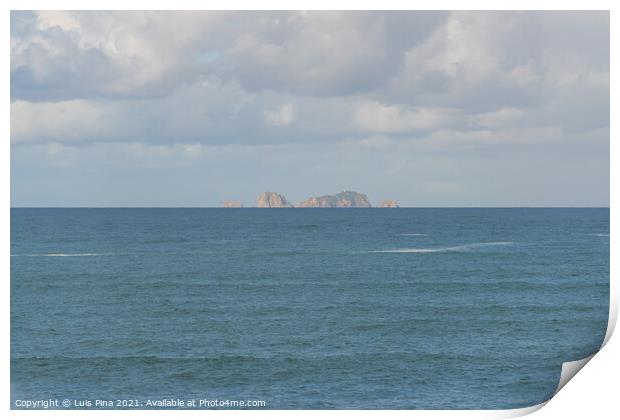 Berlengas island seen from Cabo Carvoeiro Cape in Peniche and atlantic ocean waves, in Portugal Print by Luis Pina