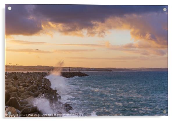 Peniche lighthouse with Supertubos beach on the background at sunset with waves crashing, in Portugal Acrylic by Luis Pina