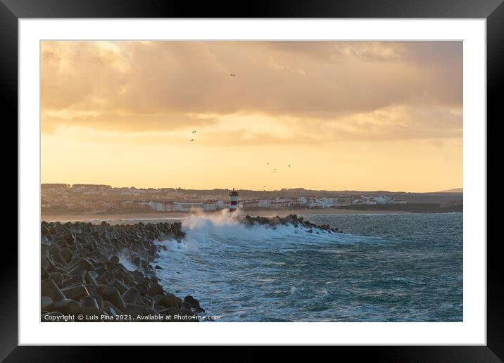 Peniche lighthouse with Supertubos beach on the background at sunset with waves crashing, in Portugal Framed Mounted Print by Luis Pina