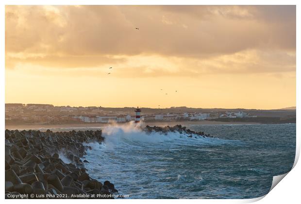 Peniche lighthouse with Supertubos beach on the background at sunset with waves crashing, in Portugal Print by Luis Pina