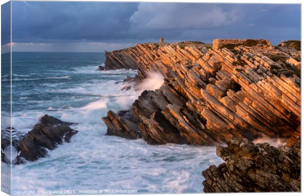Cliffs beatiful rock details in Baleal Island with atlantic ocean crashing waves in Peniche, Portugal Canvas Print by Luis Pina