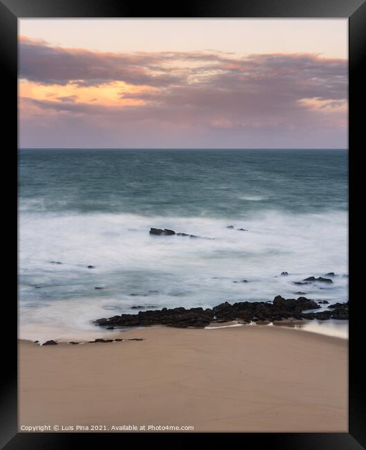 Waves in Santa cruz, Portugal beach at sunset, long exposure calm and relaxing landscape Framed Print by Luis Pina