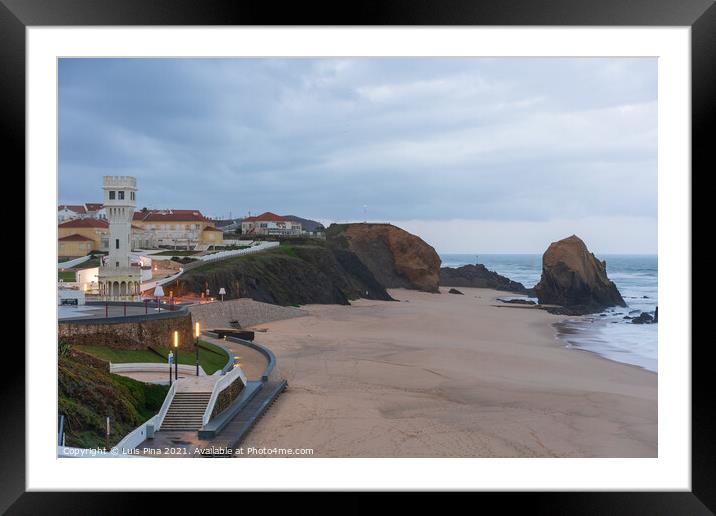 Santa Cruz beach at sunset in Portugal with iconic boulder Framed Mounted Print by Luis Pina