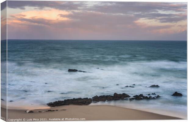 Waves in Santa cruz, Portugal beach at sunset, long exposure calm and relaxing landscape Canvas Print by Luis Pina