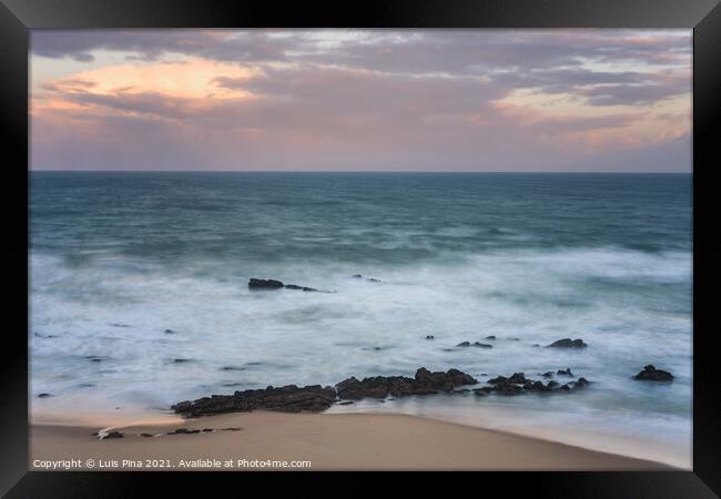 Waves in Santa cruz, Portugal beach at sunset, long exposure calm and relaxing landscape Framed Print by Luis Pina