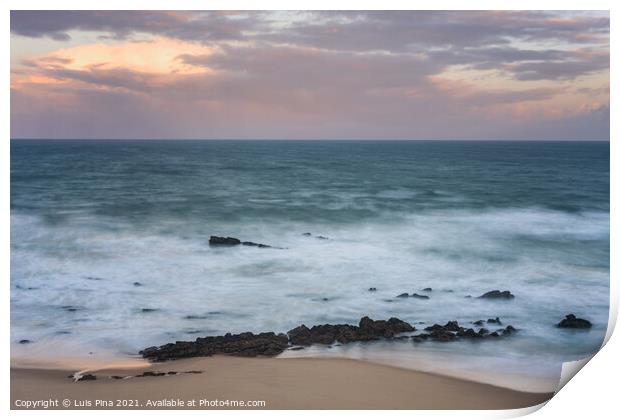Waves in Santa cruz, Portugal beach at sunset, long exposure calm and relaxing landscape Print by Luis Pina