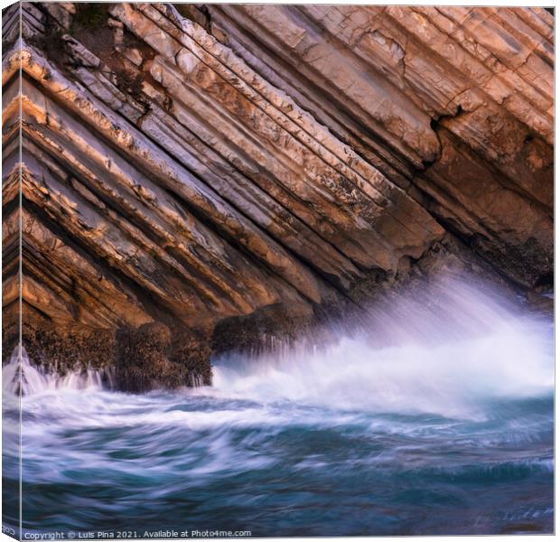 Beautiful schist cliff details in Baleal island with ocean waves crashing in Peniche, Portugal Canvas Print by Luis Pina