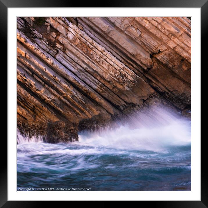 Beautiful schist cliff details in Baleal island with ocean waves crashing in Peniche, Portugal Framed Mounted Print by Luis Pina
