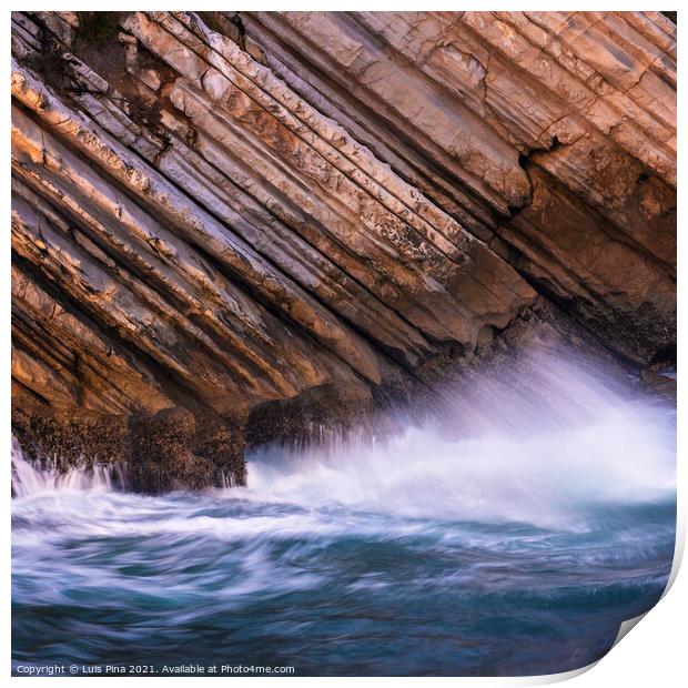 Beautiful schist cliff details in Baleal island with ocean waves crashing in Peniche, Portugal Print by Luis Pina