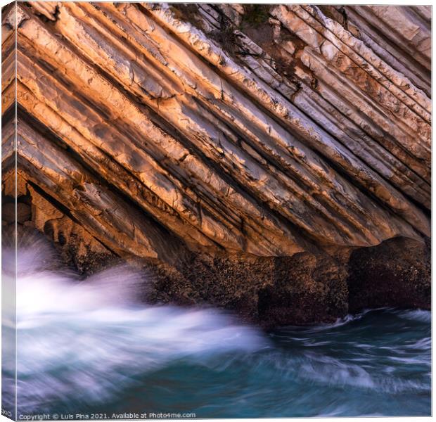 Beautiful schist cliff details in Baleal island with ocean waves crashing in Peniche, Portugal Canvas Print by Luis Pina