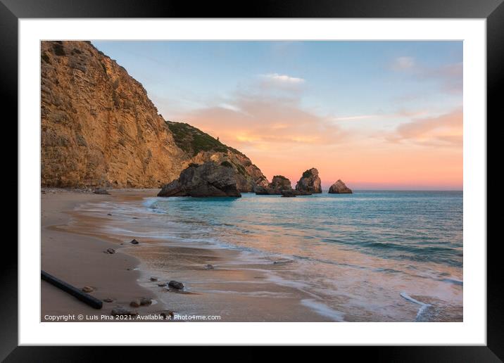 Ribeiro do Cavalo paradise beach in Arrabida Natural Park in Sesimbra at sunset, Portugal Framed Mounted Print by Luis Pina