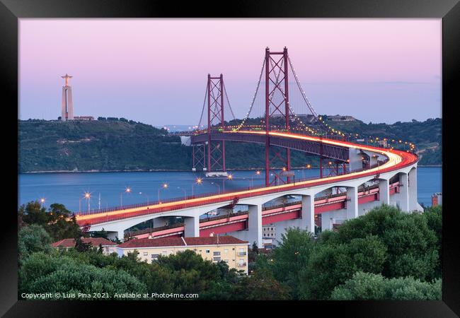 Lisbon 25 de Abril bridge and Jesus Christ statue Cristo Rei at sunset, best view of Lisbon, in Portugal Framed Print by Luis Pina