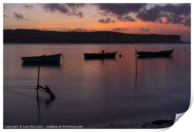 Fishing boats on a river sea at sunset in Foz do Arelho, Portugal Print by Luis Pina