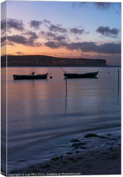Fishing boats on a river sea at sunset in Foz do Arelho, Portugal Canvas Print by Luis Pina