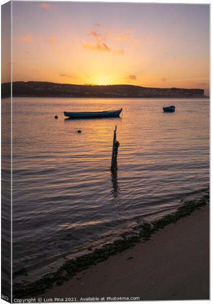 Fishing boats on a river sea at sunset in Foz do Arelho, Portugal Canvas Print by Luis Pina