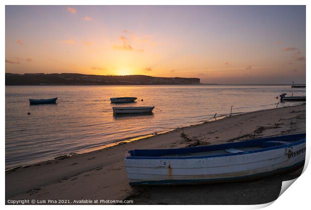 Fishing boats on a river sea at sunset in Foz do Arelho, Portugal Print by Luis Pina