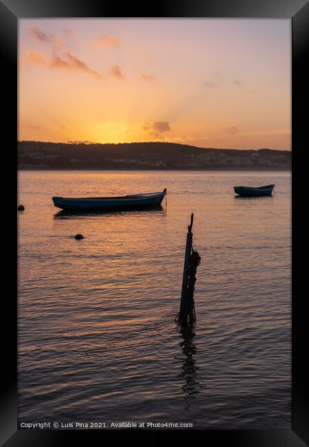 Fishing boats on a river sea at sunset in Foz do Arelho, Portugal Framed Print by Luis Pina