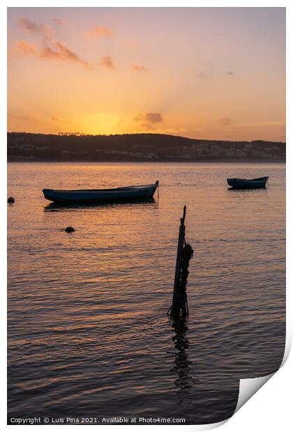 Fishing boats on a river sea at sunset in Foz do Arelho, Portugal Print by Luis Pina
