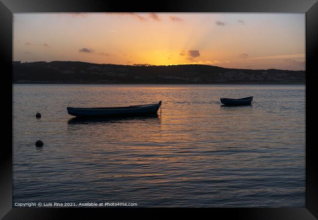 Fishing boats on a river sea at sunset in Foz do Arelho, Portugal Framed Print by Luis Pina