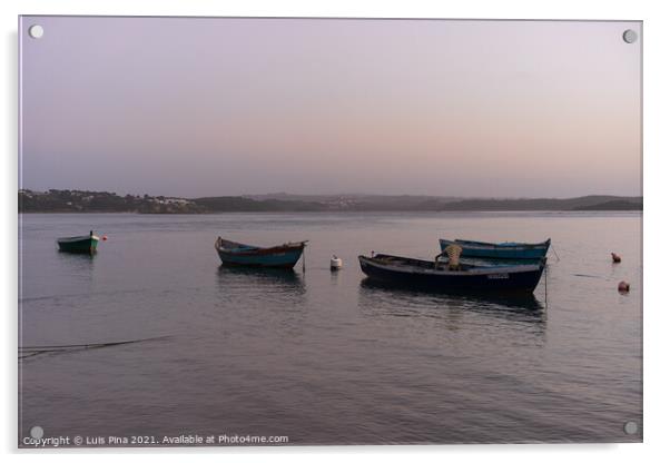 Fishing boats on a river sea at sunset in Foz do Arelho, Portugal Acrylic by Luis Pina