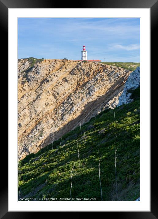 Landscape of Capo Espichel cape with the Lighthouse and sea cliffs, in Portugal Framed Mounted Print by Luis Pina