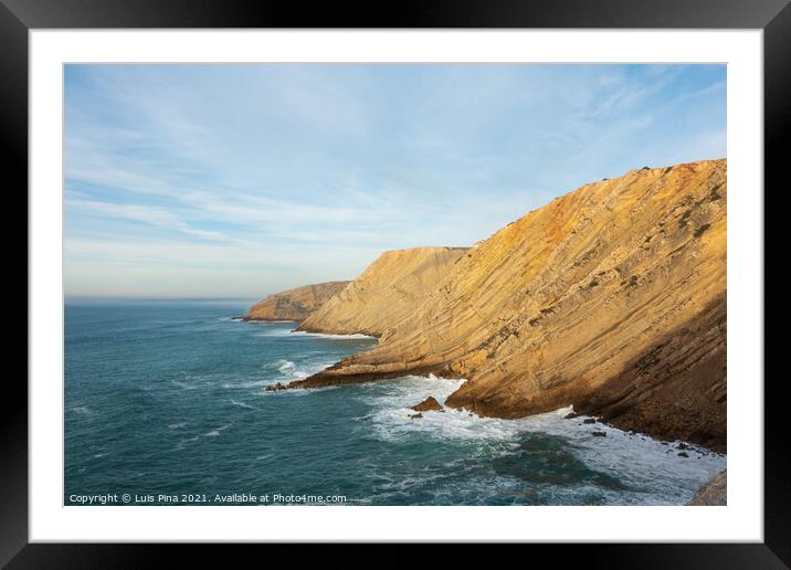 Sea cliffs landscape in Cabo Espichel at sunset, in Portugal Framed Mounted Print by Luis Pina