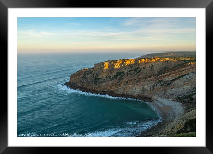 Sea cliffs landscape in Cabo Espichel at sunset, in Portugal Framed Mounted Print by Luis Pina