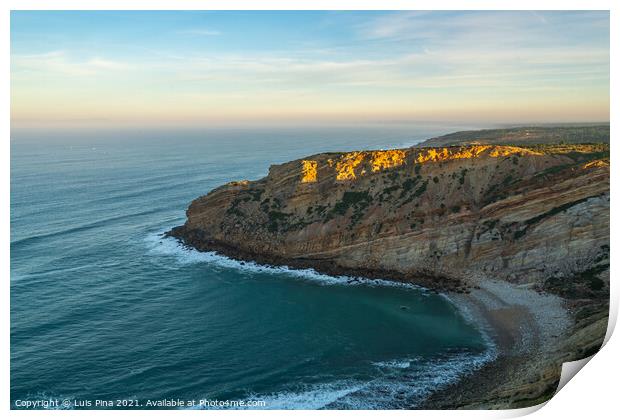 Sea cliffs landscape in Cabo Espichel at sunset, in Portugal Print by Luis Pina