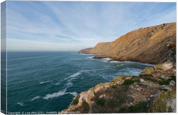Sea cliffs landscape in Cabo Espichel at sunset, in Portugal Canvas Print by Luis Pina
