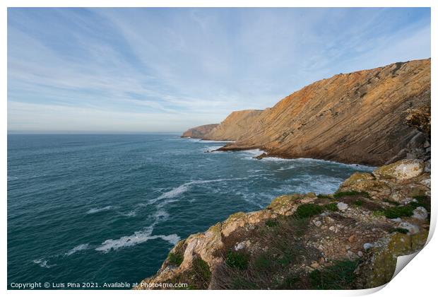 Sea cliffs landscape in Cabo Espichel at sunset, in Portugal Print by Luis Pina