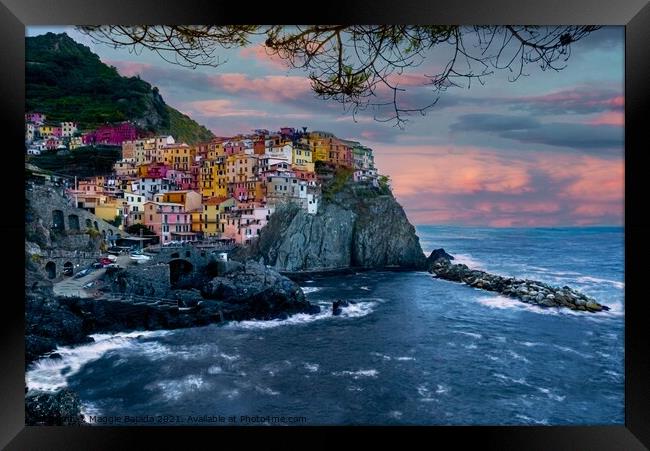 Colorful Picturesque view of Sunset at Manarola, C Framed Print by Maggie Bajada