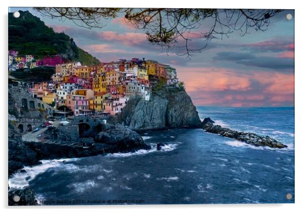 Colorful Picturesque view of Sunset at Manarola, C Acrylic by Maggie Bajada