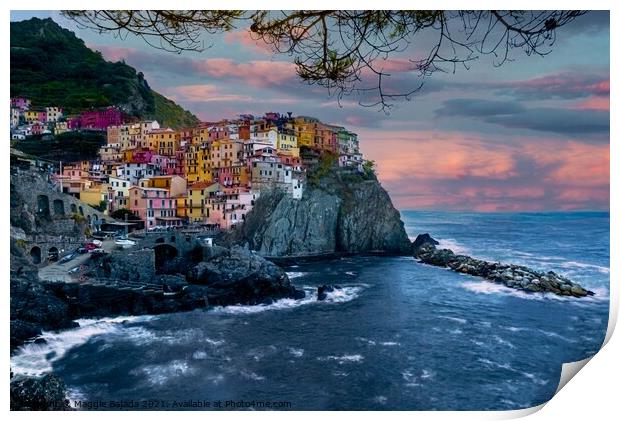 Colorful Picturesque view of Sunset at Manarola, C Print by Maggie Bajada