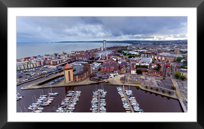 Drone view of Swansea Bay and River Tawe Framed Mounted Print by Leighton Collins