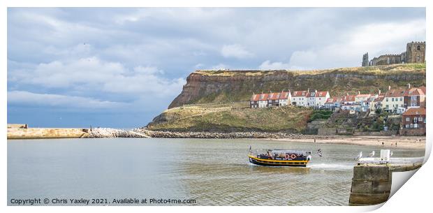 Pleasure boat in Whitby Harbour Print by Chris Yaxley