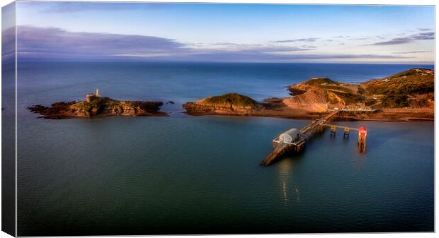 Drone view of Mumbles pier and lighthouse Canvas Print by Leighton Collins