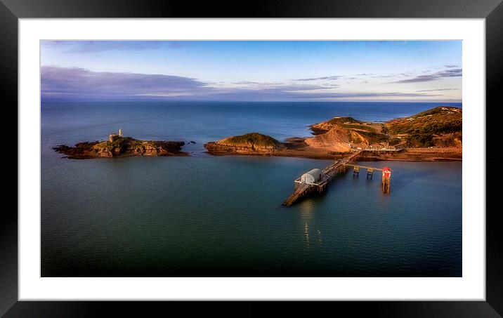 Drone view of Mumbles pier and lighthouse Framed Mounted Print by Leighton Collins