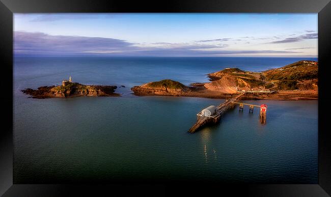 Drone view of Mumbles pier and lighthouse Framed Print by Leighton Collins