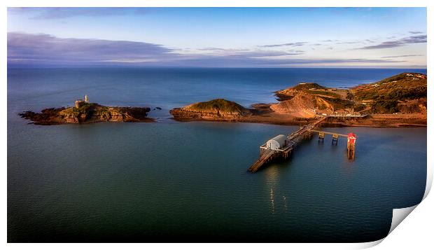 Drone view of Mumbles pier and lighthouse Print by Leighton Collins