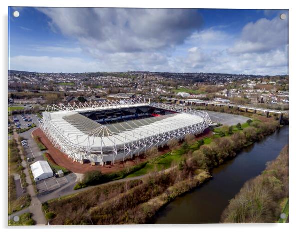 Drone view of Liberty Stadium, Swansea. Acrylic by Leighton Collins