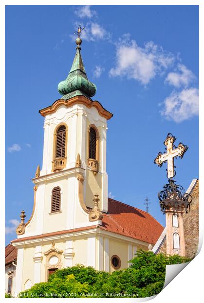 Memorial cross and bell tower - Szentendre Print by Laszlo Konya
